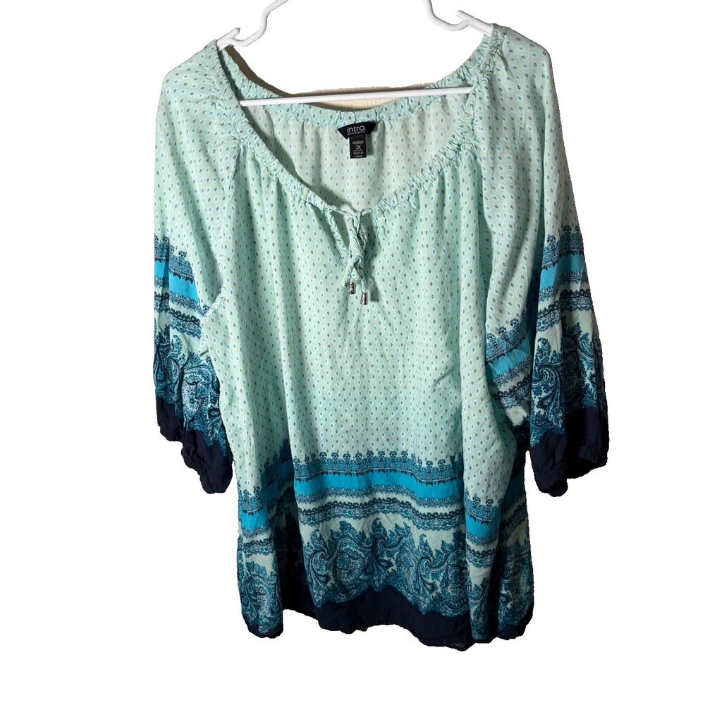 Intro Blouse Women's 3X Round Neck Tie Short Sleeve Printed Casual Teal Top